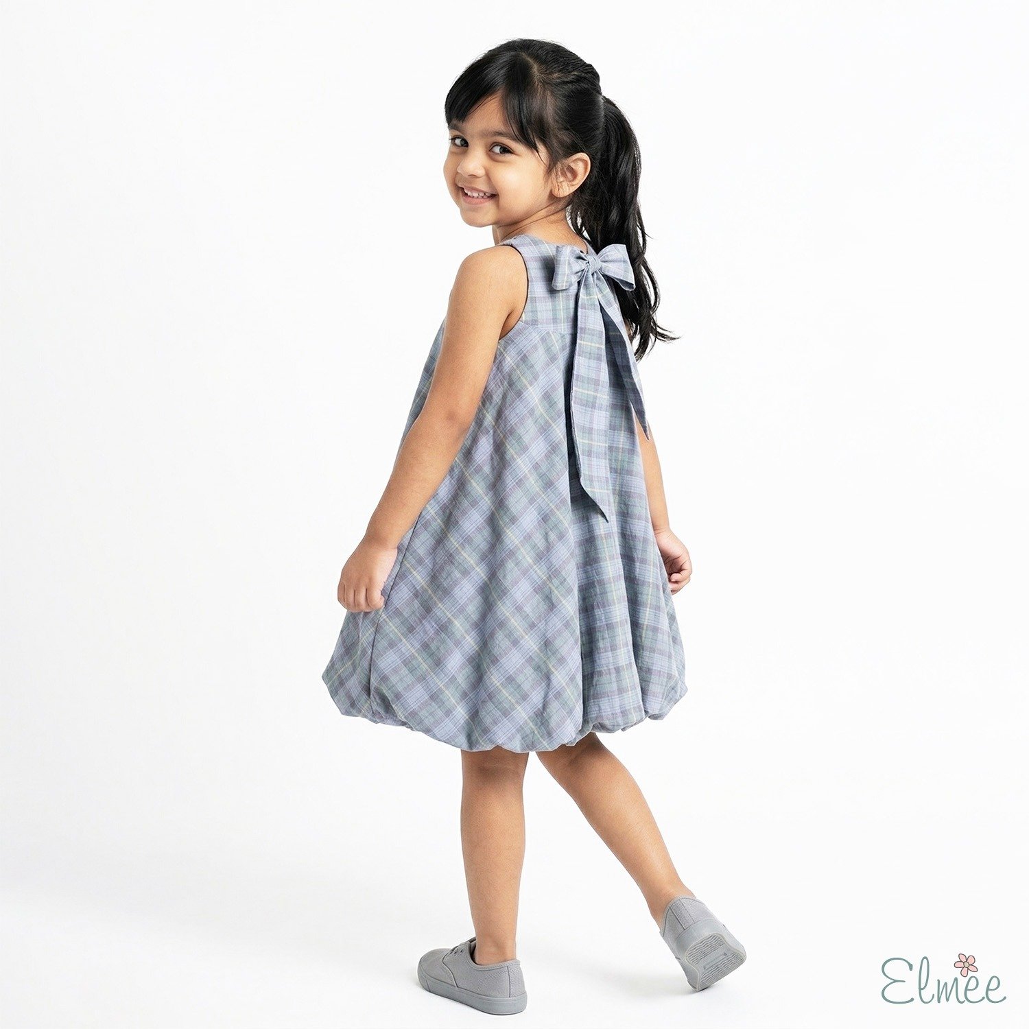 Blue Plaid Bow Balloon Dress