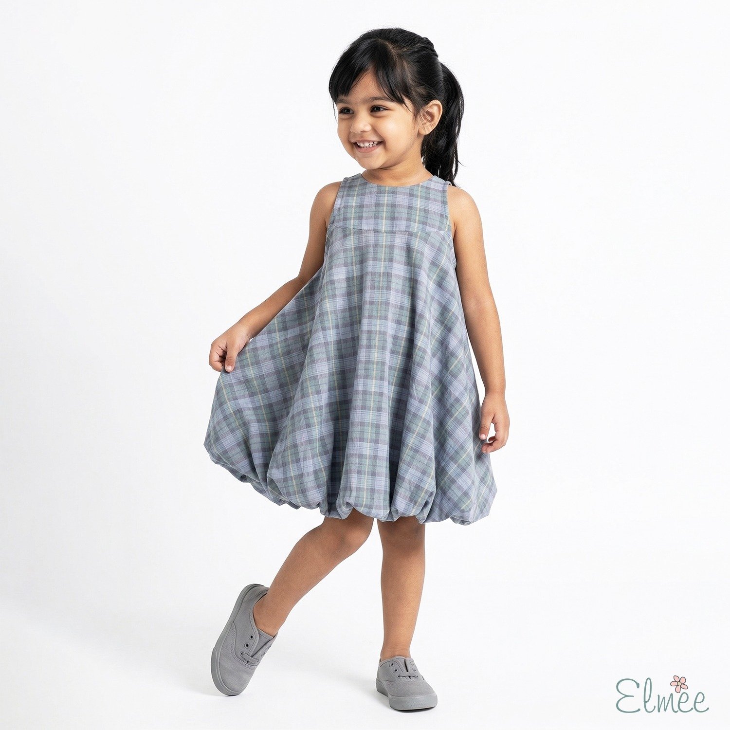 Blue Plaid Bow Balloon Dress - Image 2