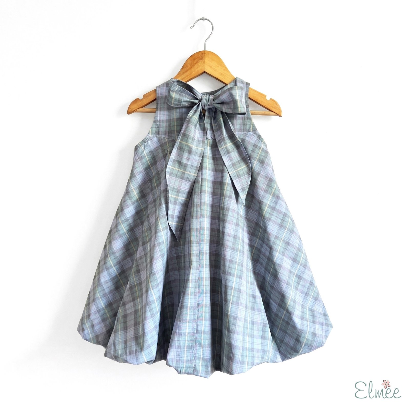 Blue Plaid Bow Balloon Dress - Image 3