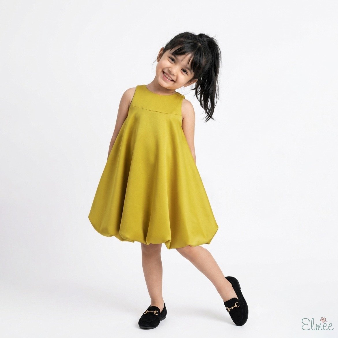 Mustard Satin Bow Balloon Dress